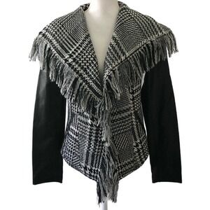 Guess Women's Wool Blend Faux Leather Arms Fringe Trim Plaid MOTO Jacket Sz M